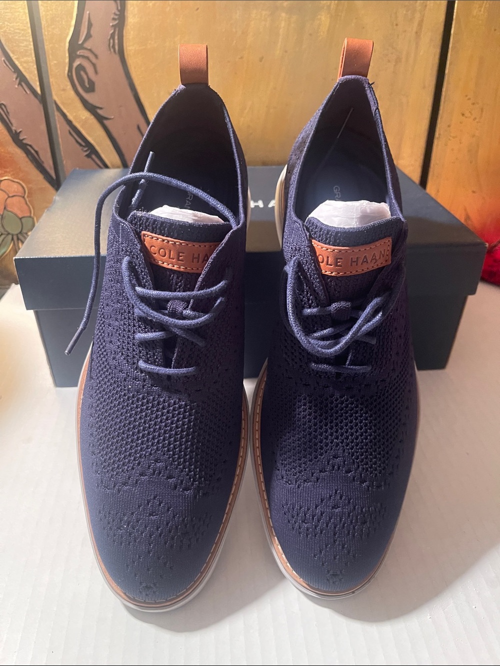 Cole Haan Navy Knit Lace-Up Oxfords with Tan Accents UNUSED